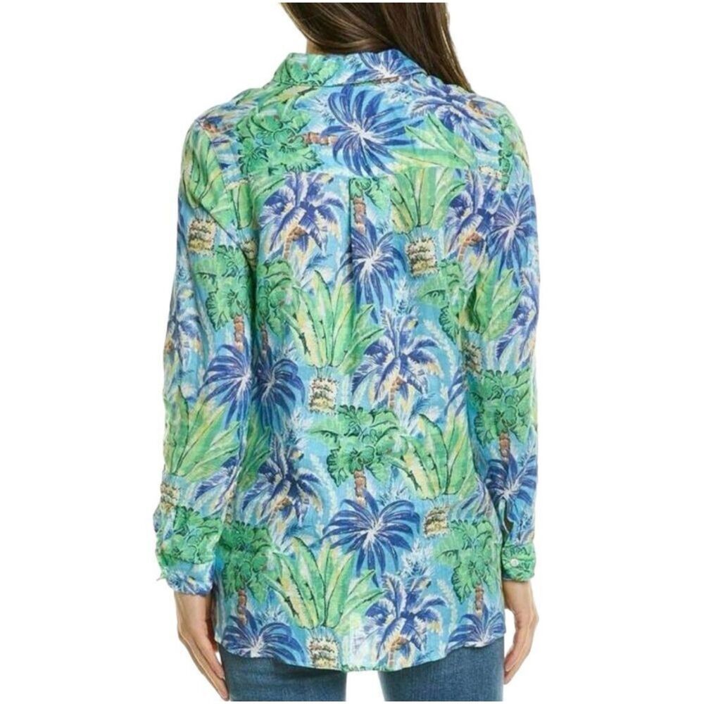 100 % Linen J McLaughlin Floral Palm Button Front Shirt L - Picture 2 of 10